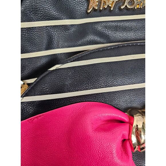 Bow Striped Faux Leather Backpack Black White Pink - Picture 3 of 12